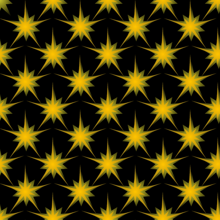 Sharp pointy yellow star with a transparent glow, vector seamless pattern on a black backgroundのイラスト素材
