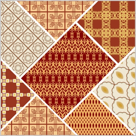 Decorative vector abstract tile in style stitched textile patches with different ornament in beige and redのイラスト素材
