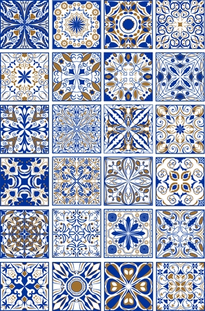 Mega set of traditional spanish or portuguese ceramic and pottery ornamental tiles in indigo and golden design.のイラスト素材