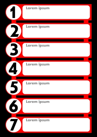 Infographic presentation template of the working process in seven steps with red elements and blank text framesのイラスト素材