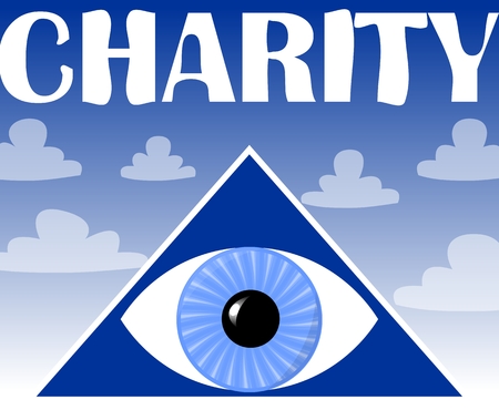 Charity flyer with a symbol of God's eye in triangle. Blue background with clouds. Poster for christian charity events.のイラスト素材