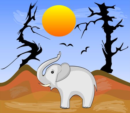 Elephant in Africa arid desert with dry trees, vector illustrationの写真素材