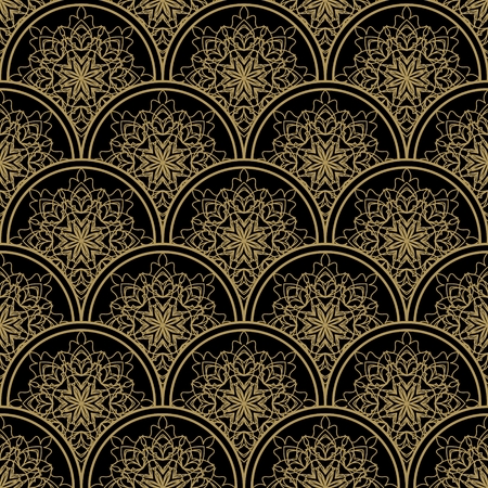 High contrasting seamless background tile with filigree golden ornament on black canvas. Vintage fabric style in damask design, vector eps10のイラスト素材