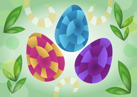 Easter decoration in optical art style, colored eggs on green background and young spring leavesのイラスト素材
