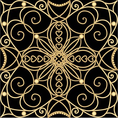 Filigree golden ornament, tile in art deco style, metallic flourish patterns with 3d illusion on black background. Vintage victorian decorationのイラスト素材