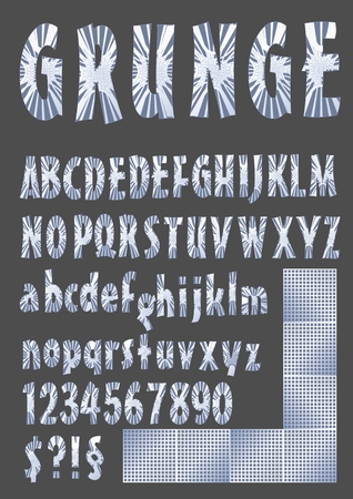 Grunge alphabet in metallic design, upper case, lower case, number, symbols, silver grid elements, vector EPS 10のイラスト素材