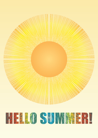 Hello summer background with sun and rainbow headline, place for own message, overlay template, vector EPS 10のイラスト素材