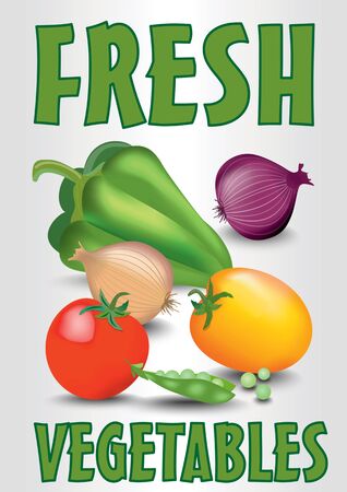 Fresh vegetables, flyer, bill, poster, leaflet template with tomato, onion, pea pods and paprika vector EPS 10のイラスト素材