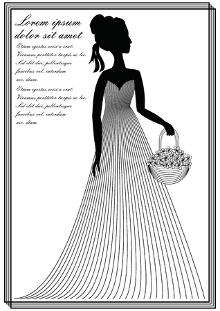 Lady with flower basket, monochrome line art drawing in victorian style, invitation template, announcement, leaflet, flyer, bill in old-fashioned design, vector EPS 10のイラスト素材