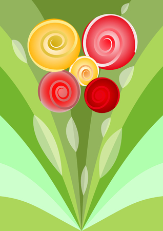 Modern flower bouquet with red and yellow roses, decoration on green background, nice spring or summer illustration, vector EPS 10のイラスト素材