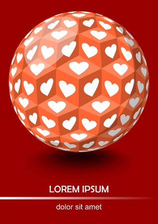 Red background in optical art style, sphere with cubes and white heartsのイラスト素材