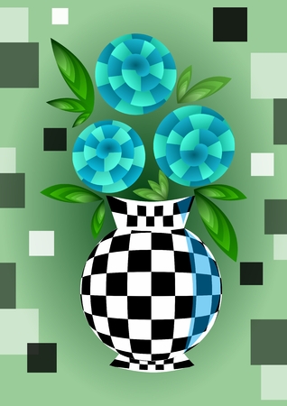 Cubist bouquet with blue flowers in checker decorated vase , 3d effect optical illusion, decoration on green background, nice spring or summer illustrationのイラスト素材
