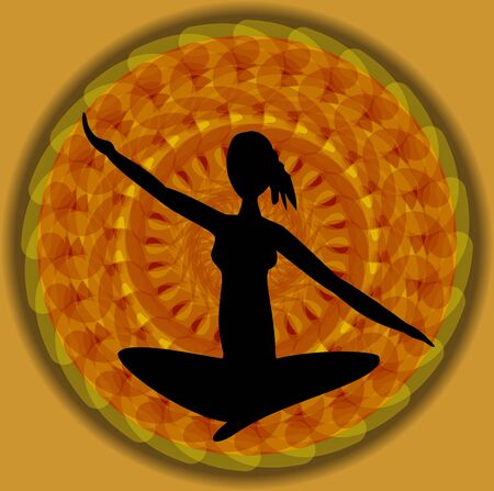 Woman silhouette, black standing figure on orange mandala background.のイラスト素材
