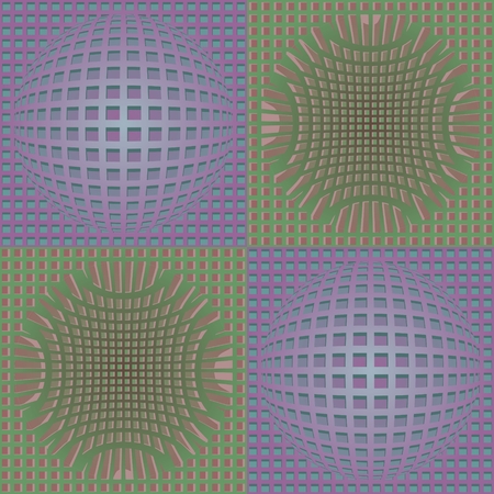 Abstract purple and green vector background with deformed grid in optical art style, 3d effect illusionのイラスト素材