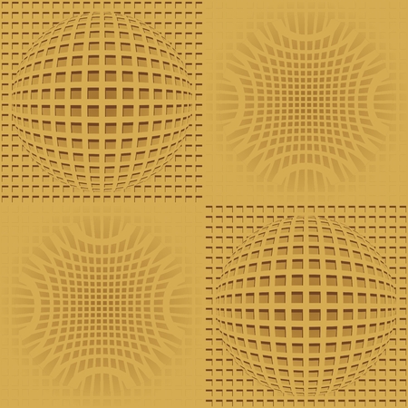 Optical art background with 3d illusion, golden grid with sphere patterns, seamless tileのイラスト素材