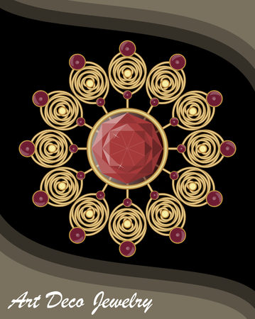 Golden antiquarian jewel in art deco style, filigree gold brooch with red gems ruby or garnet, fashion in victorian style, antique gold jewellery.のイラスト素材