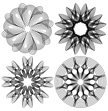 Circle lace patterns, design elements in black outline design, gorgeous symmetric geometric spirograph shapesのイラスト素材