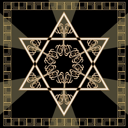 Star of David decoration tile with geometric vintage yew ornament in gold design. Israel national symbol magen. Davids star in golden frame.のイラスト素材