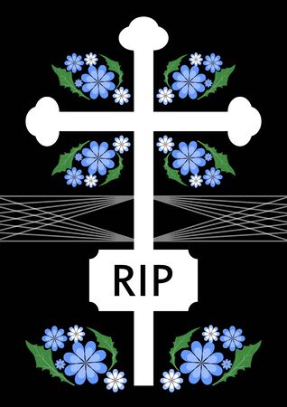 Unusual funereal decoration with cross silhouette and small blue flowers, white simple cross with lettering RIPの写真素材