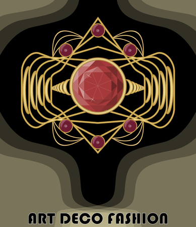 Luxurious art deco filigree brooch with red gems ruby or garnet, fashion in victorian style, antique gold jewelのイラスト素材