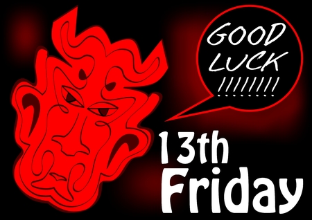 Friday 13th, good luck card with red devil head. Red drawing on black background.のイラスト素材