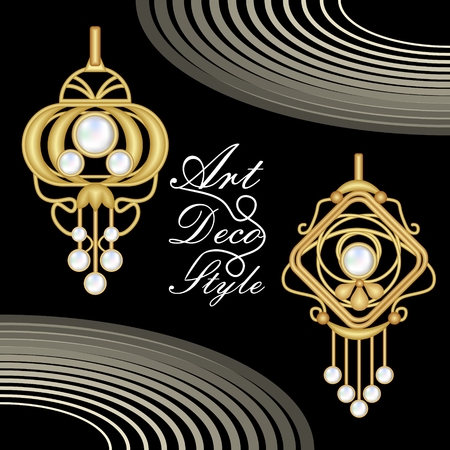 Luxurious art deco filigree jewelry, earrings with pearl, antique gold jewel, fashion in victorian style,のイラスト素材
