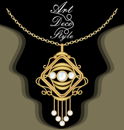Expensive art deco filigree necklace, pendant with pearl, on chain, antique gold jewel, fashion in victorian style,のイラスト素材