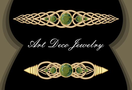 Gold tie pin in art deco style, antiquarian clasp with green gems smaragd, luxurious hair clipのイラスト素材