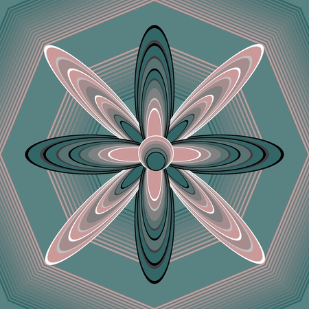 Fantasy floral shape in op-art style on polygonal structured background, 3d illusion, pink and green colorsのイラスト素材