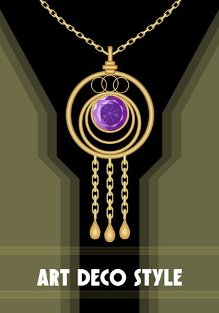 Luxurious art deco pendant with purple gem amethyst on gentle gold chain, fashion in victorian style, antique golden jewelのイラスト素材