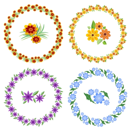Set of cheerful beautiful multicolored wreaths and flower motifs. Design elements for spring and easter design. Cute flower in yellow, pink, blue and purpleのイラスト素材
