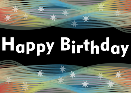 Happy birthday party banner with rainbow horizontal wavy patterns and white transparent starsのイラスト素材