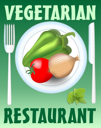 Vegetarian restaurant banner with plate, knife and fork, paprika, onion and tomato, elements on green backgroundのイラスト素材