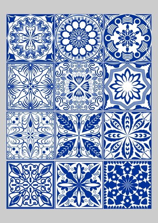 Majolica pottery tiles mega set, blue and white azulejos, original Portuguese and Spain decorのイラスト素材