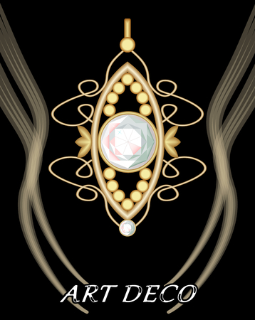 Expensive art deco filigree daimond pendant with central gem, antique gold jewel, fashion in victorian style, luxurious jewelry, vector EPS 10のイラスト素材
