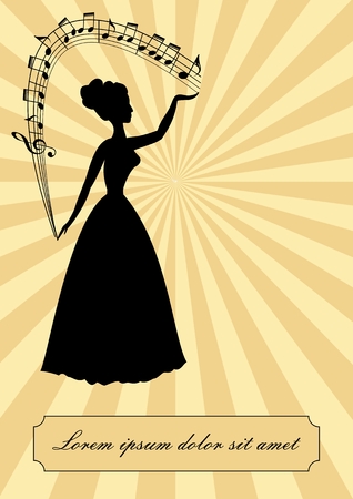 Music theme, vintage design, victorian lady silhouette with stave arc , treble clef, notes, beige retro background, vector EPS 10のイラスト素材