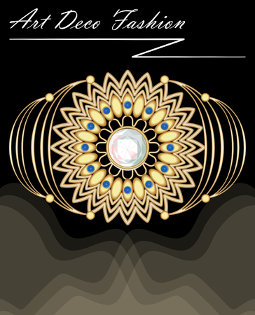 Expensive art deco filigree brooch in with diamonds and small blue sapphires, fashion in victorian style, antique gold jewel, vector EPS 10のイラスト素材