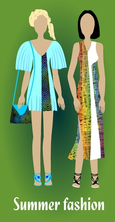 Youth summer fashion, girl silhouettes in modern colorful clothes, fashion design, vector EPS 10のイラスト素材