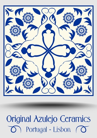 Majolica pottery tile, blue and white azulejo, original traditional Portuguese and Spain decor, vector EPS 10のイラスト素材