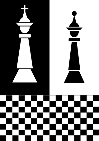 Chess flyer in black and white design, white chess king on black background, black chess queen on white background, chessboard. Graphic template for the chess club, Vector EPS 10のイラスト素材
