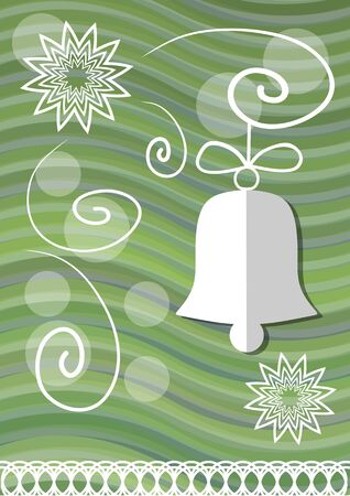 Christmas decoration with paper cut xmas symbols on green wavy background, christmas bell and lace stars, vector EPS 10のイラスト素材