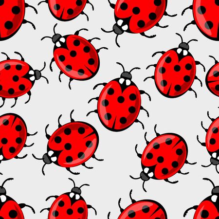Cute ladybug on white background. Vector ladybird seamless background with cute red beetles with seven dots on his wing case. Beautiful textile design. Vector EPS 10のイラスト素材