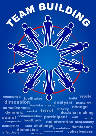 Team building presentation leaflet. Flyer with people in a circle, terms of team work. White line on dark blue background. Accompanying material for teaching, education, training. Vector EPS 10のイラスト素材