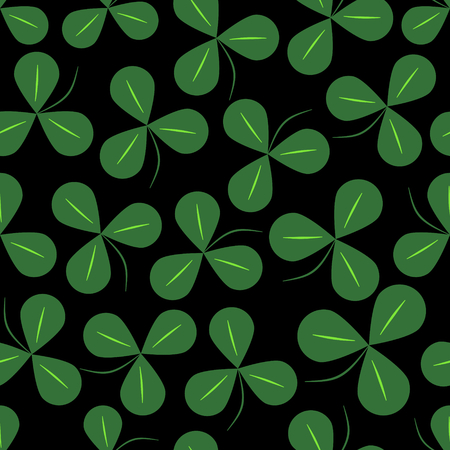 Green clover leaves on black background, shamrock natural botany seamless patterns, Vector EPS 10のイラスト素材