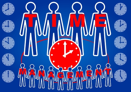 Time management headline on slide with people silhouetts, white line design od dark blue gradient background, soft skills trainingのイラスト素材