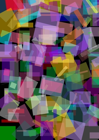 Abstract background with variegated overlaping semitransparent squares on black area, usefuul for book cover, wrapping paper., textile design. Polygonal patterns.のイラスト素材