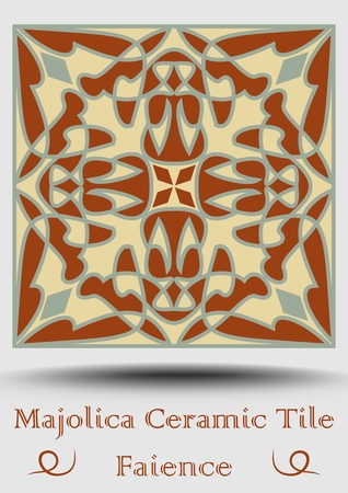 Ceramic tile in beige, olive green and red terracotta. Vintage ceramic majolica. Traditional pottery product. Traditional Spanish ceramics element with multicolored geometric ornament. Vector eps 10のイラスト素材