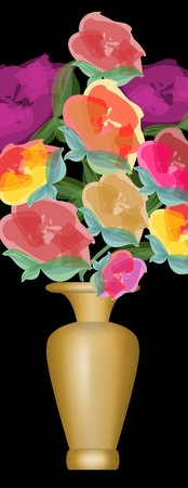 Bouquet of roses in vivid colors, golden vase on black background, modern drawing in water color style, vertical cutout composition, Vector EPS 10のイラスト素材