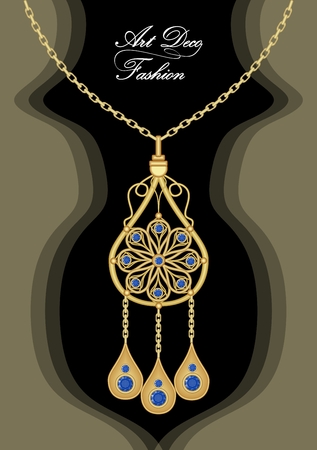 Expensive art deco filigree pendant with blue sapphires on golden chain, antique gold jewel, fashion in victorian style, elegant symmetric jewelry, vector EPS 10のイラスト素材