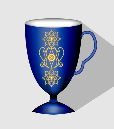 Antiquarian dark blue coffee cup with rich golden filigree patterns in victorian style. Nostalgic porcelain isolated 3d cup on light gray background with long shadow.のイラスト素材